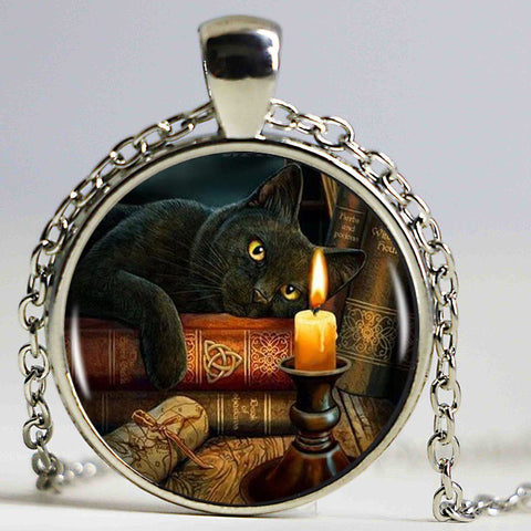 Black Cat Wicca Glass Round Pendant Choker Necklace