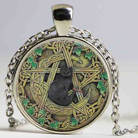 Glass Dome Pendant Black Cat Wicca Pendant Necklace