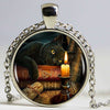 Black Cat Wicca Glass Round Pendant Choker Necklace