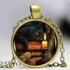 Black Cat Wicca Glass Round Pendant Choker Necklace