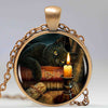 Black Cat Wicca Glass Round Pendant Choker Necklace