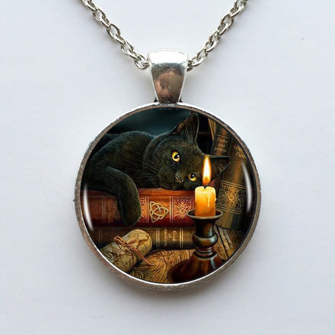 Black Cat Wicca Glass Round Pendant Choker Necklace