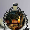 Black Cat Wicca Glass Round Pendant Choker Necklace