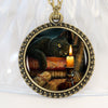 Black Cat Wicca Glass Round Pendant Choker Necklace