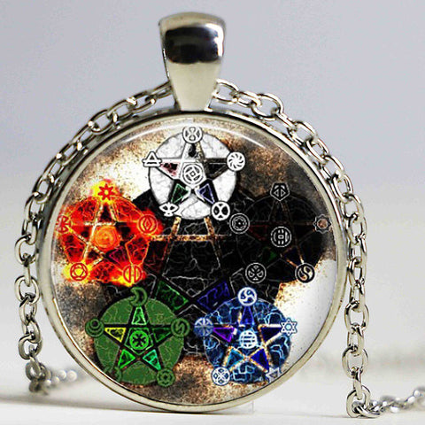 6 Pentagram Wicca Glass Pendant Necklace