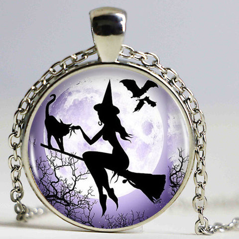 Witch Round Pendant Choker Silver Necklace