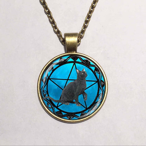 Black Cat Necklace Wicca Pentagram Blue Glass Pendant
